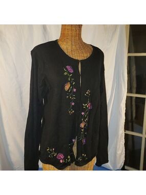 Ladies OBEE Silk Blend Cardigan w/Embroidered Floral Design in Black - L